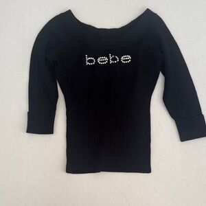 Bebe Black Ribbed Off-Shoulder Top